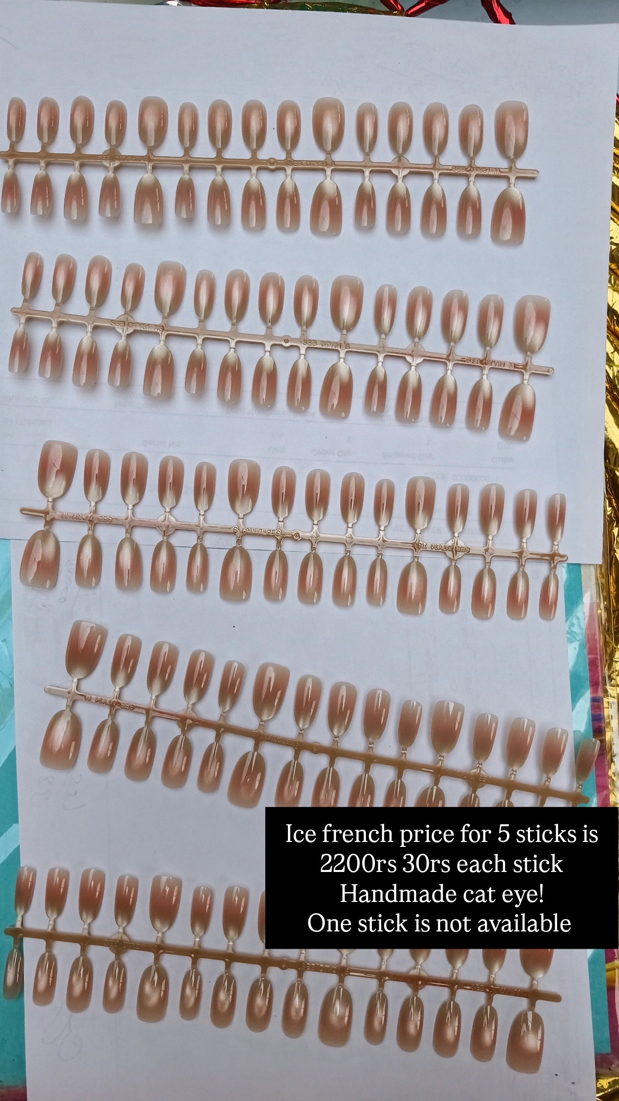 Ice french- 30pcs Handmade cat eye nails total 5 sticks